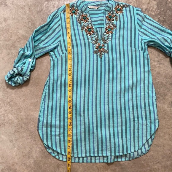 Soft Surrounding Shirt Womens sz Small Boho Striped Blue Tunic Roll Tab‎ Sleeve - Picture 6 of 13